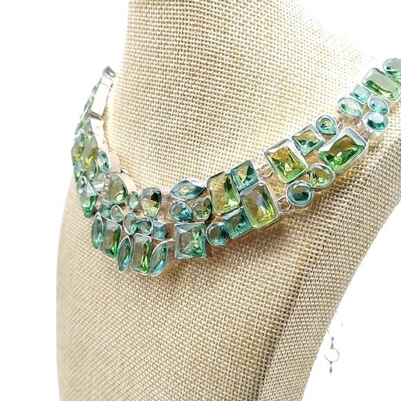 Statement Green Glass Stone Bib Necklace Silver Tone Chunky Collar Boho Jewelry - Picture 14 of 16